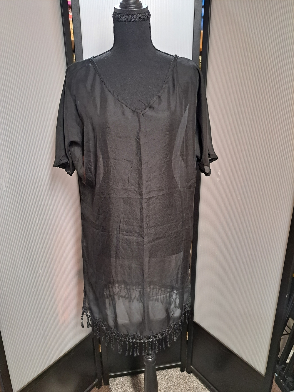 Black Beaded Fringe Sheer Tunic Dress